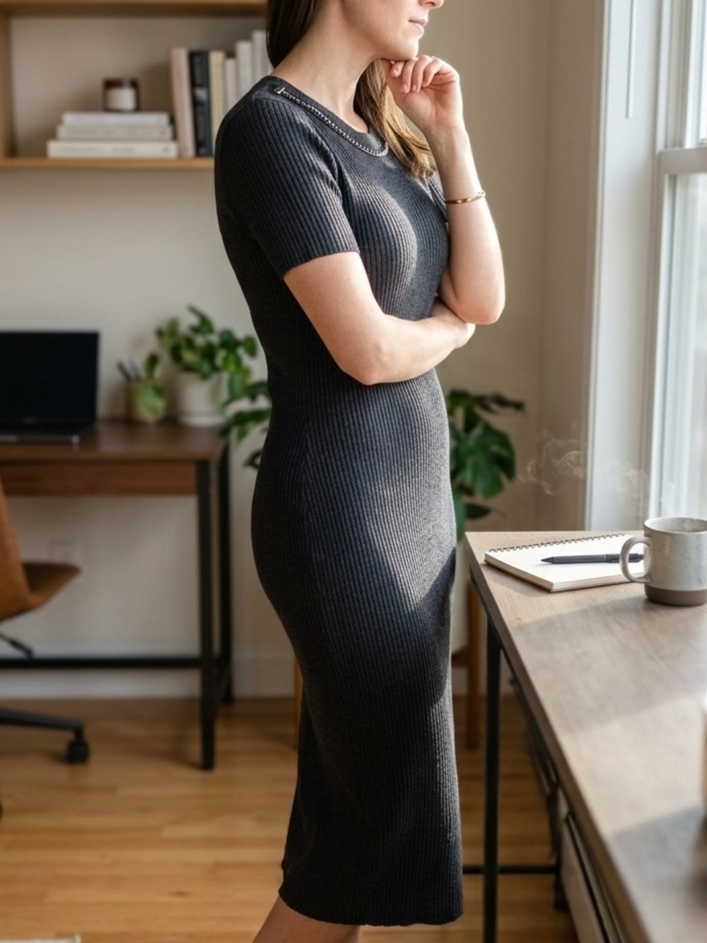 Calvin Klein Ribbed Knit Short Sleeve Sweater Dress with Silver Chain Detail